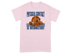 Pink t-shirt with a dog and text "PHYSICAL CONTACT IS MANDATORY".