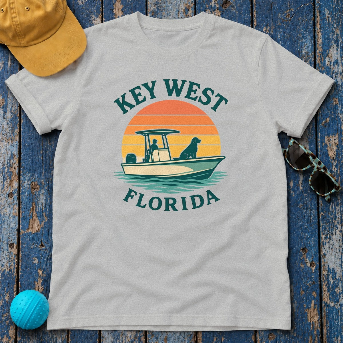 Key West Florida Retro Golden Retriever T-Shirt in Sport Grey