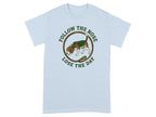 Light blue t-shirt with beagle and "Follow the nose, lose the day" text.