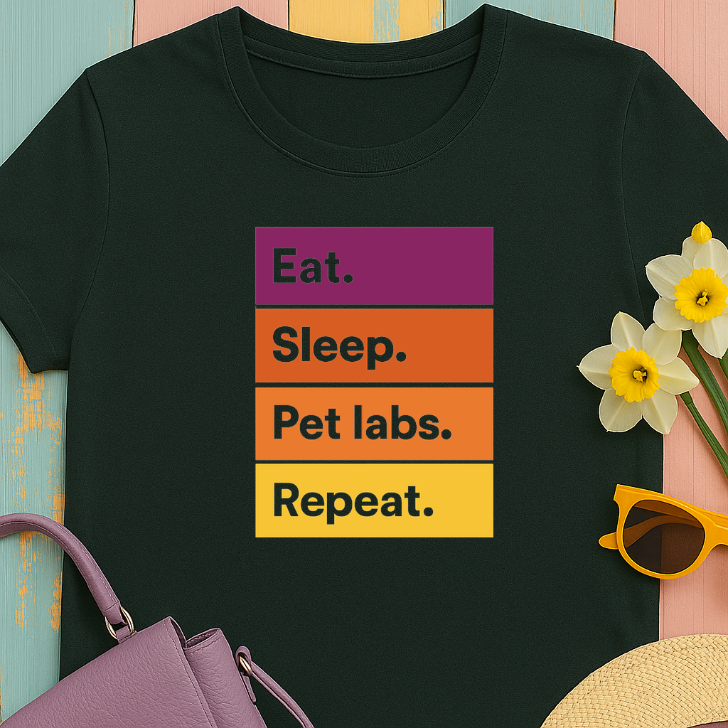 Color Block Unisex T-Shirt with Retro Sunset Colors and 'Eat Sleep Pet Labs Repeat' Text