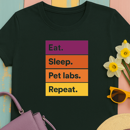 Color Block Unisex T-Shirt with Retro Sunset Colors and 'Eat Sleep Pet Labs Repeat' Text