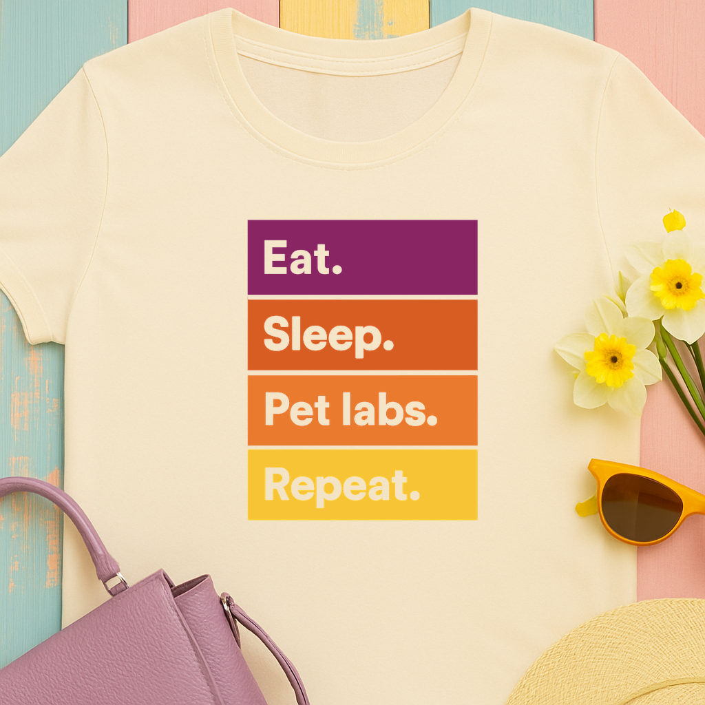Color Block Unisex T-Shirt with Retro Sunset Colors and 'Eat Sleep Pet Labs Repeat' Text