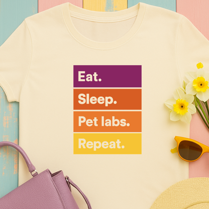 Color Block Unisex T-Shirt with Retro Sunset Colors and 'Eat Sleep Pet Labs Repeat' Text