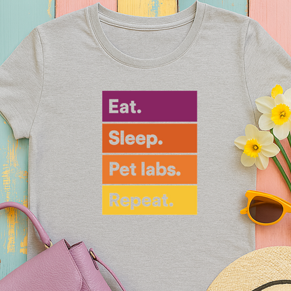 Color Block Unisex T-Shirt with Retro Sunset Colors and 'Eat Sleep Pet Labs Repeat' Text