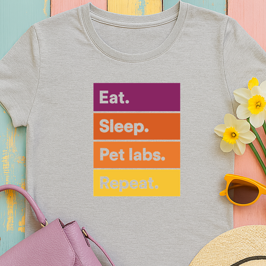 Color Block Unisex T-Shirt with Retro Sunset Colors and 'Eat Sleep Pet Labs Repeat' Text