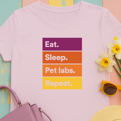 Color Block Unisex T-Shirt with Retro Sunset Colors and 'Eat Sleep Pet Labs Repeat' Text