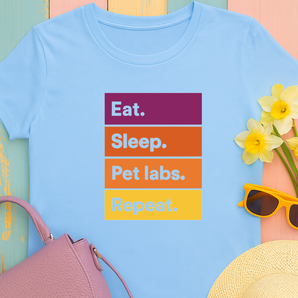 Color Block Unisex T-Shirt with Retro Sunset Colors and 'Eat Sleep Pet Labs Repeat' Text