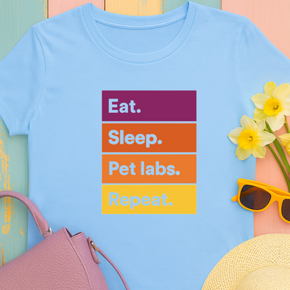 Color Block Unisex T-Shirt with Retro Sunset Colors and 'Eat Sleep Pet Labs Repeat' Text