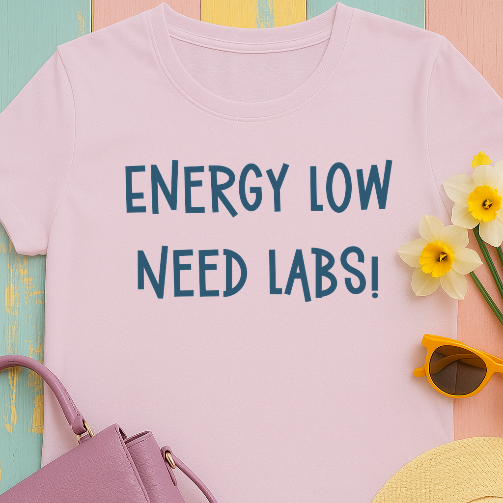 T-Shirt with Text Design, "Energy Low, need labs!"