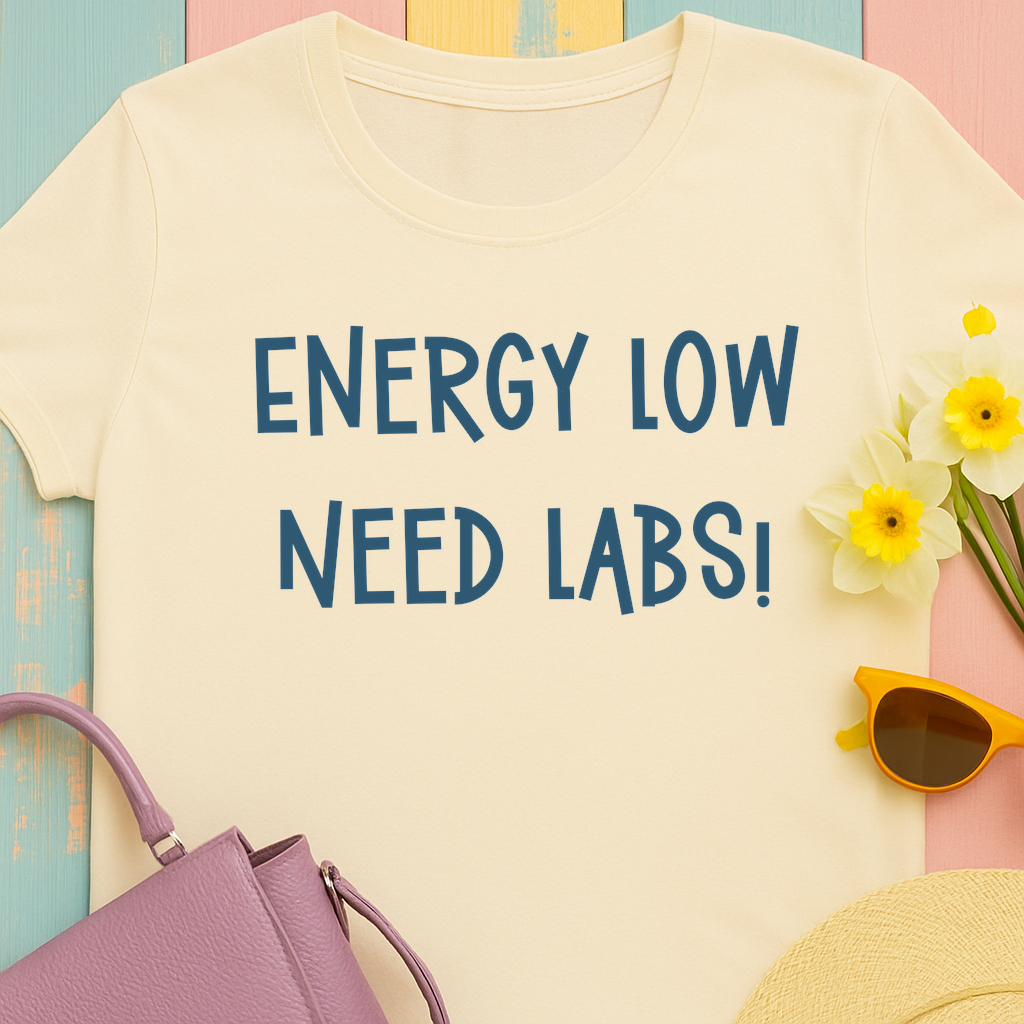 T-Shirt with Text Design, "Energy Low, need labs!"