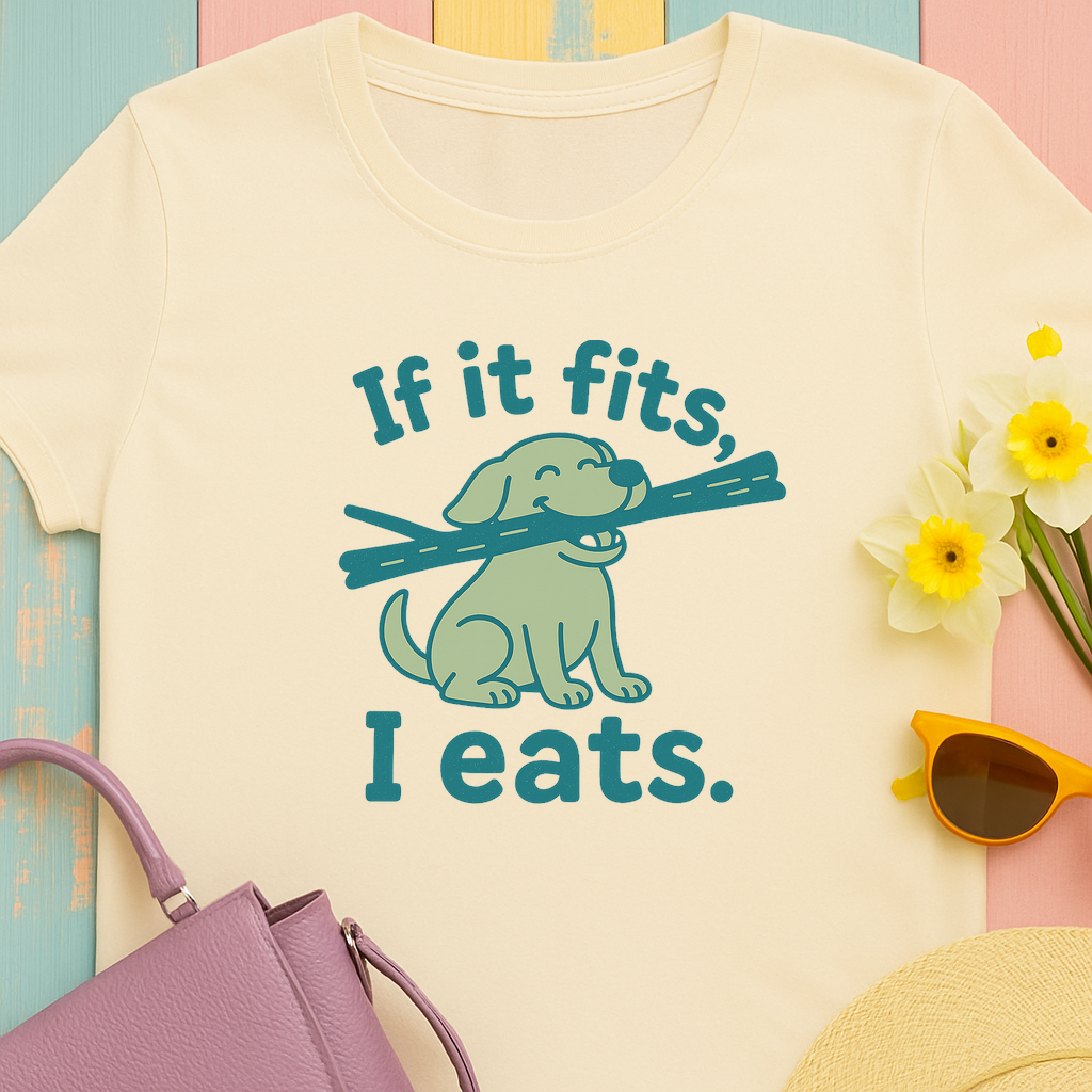 Golden Retriever with 'if it fits, I eats' Dog T-shirt