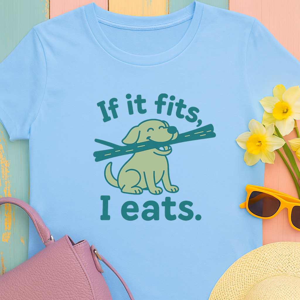 Golden Retriever with 'if it fits, I eats' Dog T-shirt