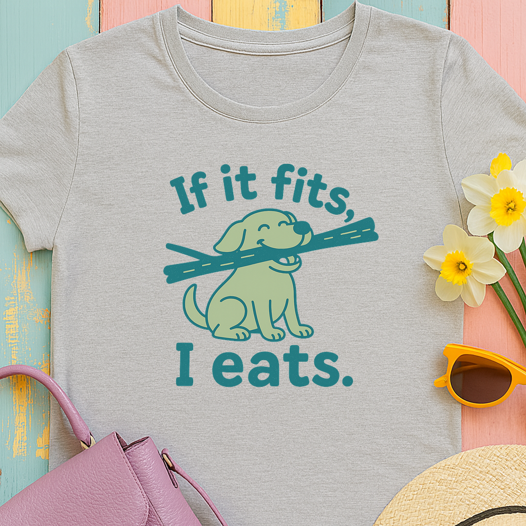 Golden Retriever with 'if it fits, I eats' Dog T-shirt