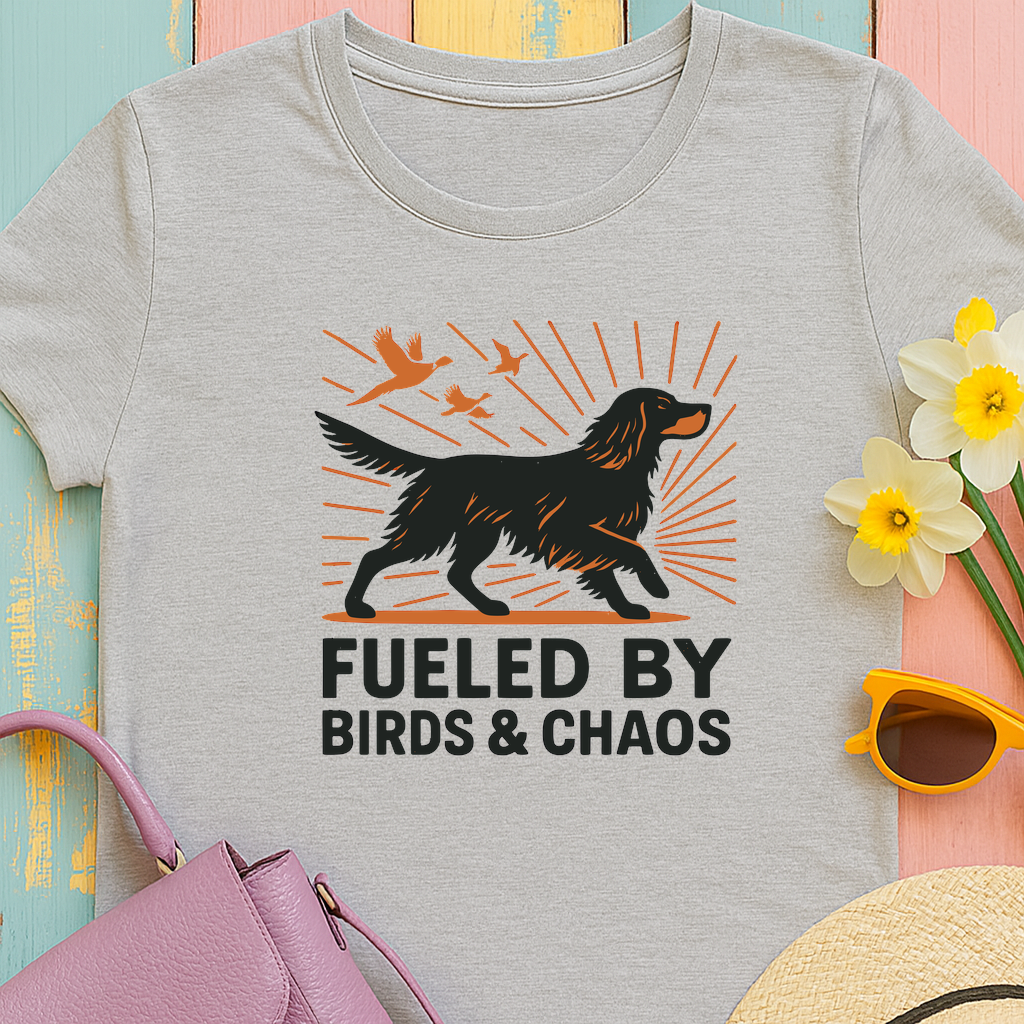 Graphic Tee: Gordon Setter "Fueled by Birds and Chaos" T-shirt