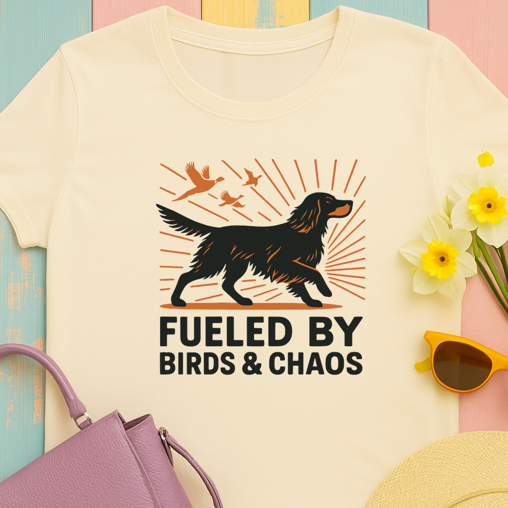 Graphic Tee: Gordon Setter "Fueled by Birds and Chaos" T-shirt