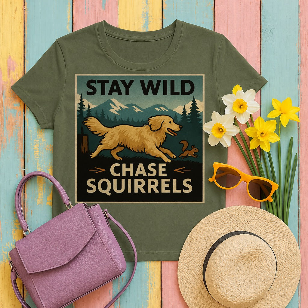 Stay Wild Chase Squirrels Golden Retriever T-Shirts in Military Green