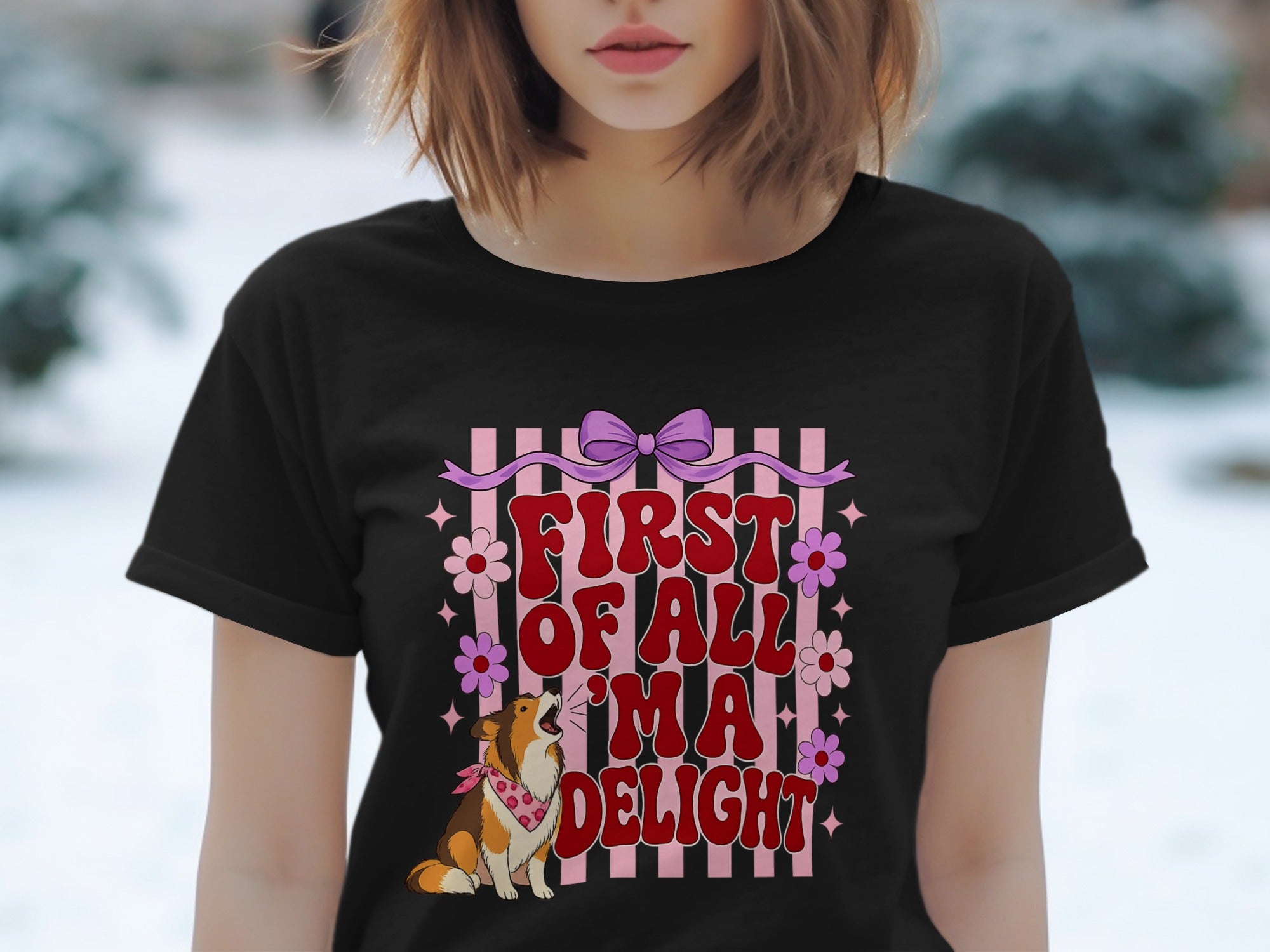 Black t-shirt with "First of All I'm a Delight" graphic featuring a dog.