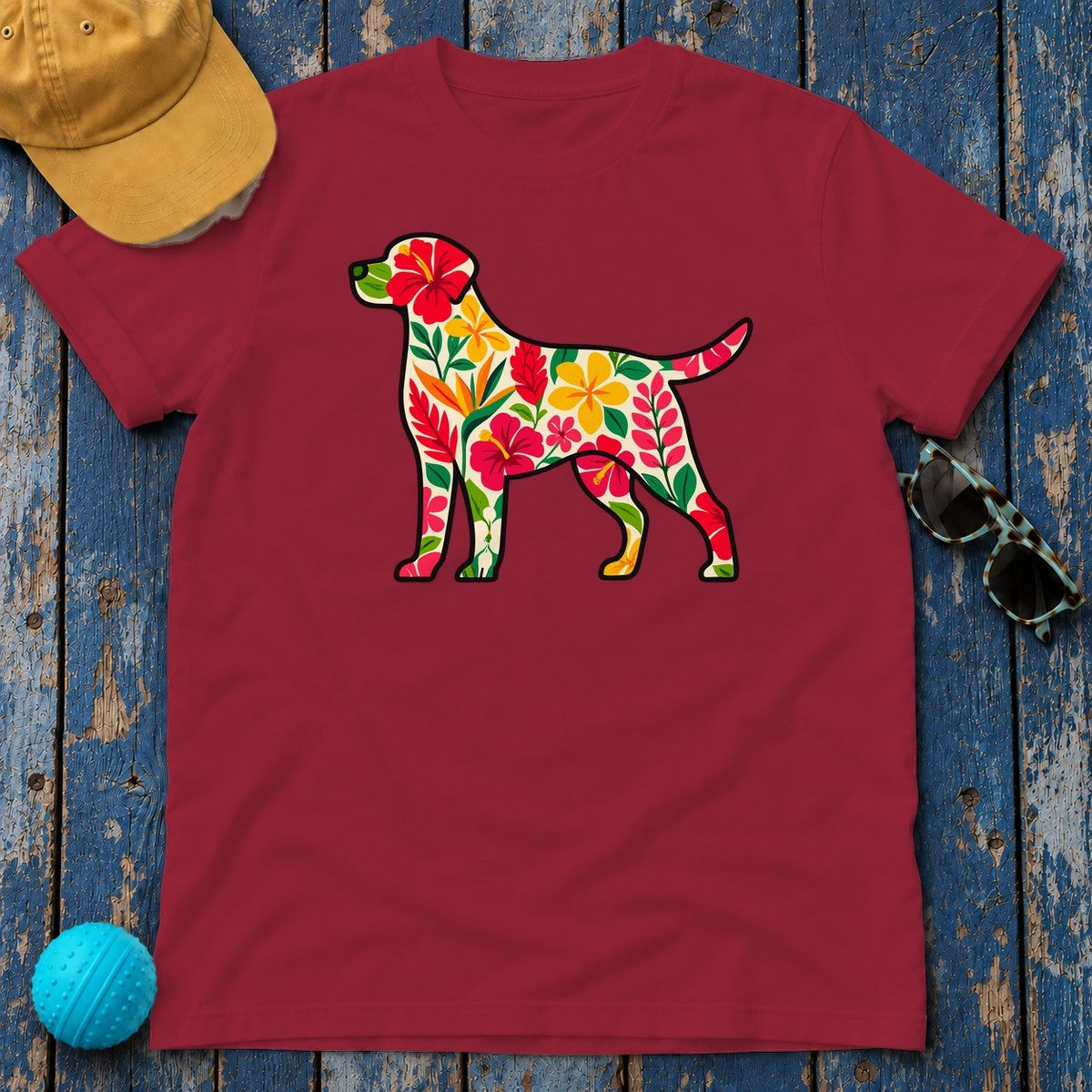 Floral Labrador with Hawaiian Flowers T-Shirt in Cardinal Red