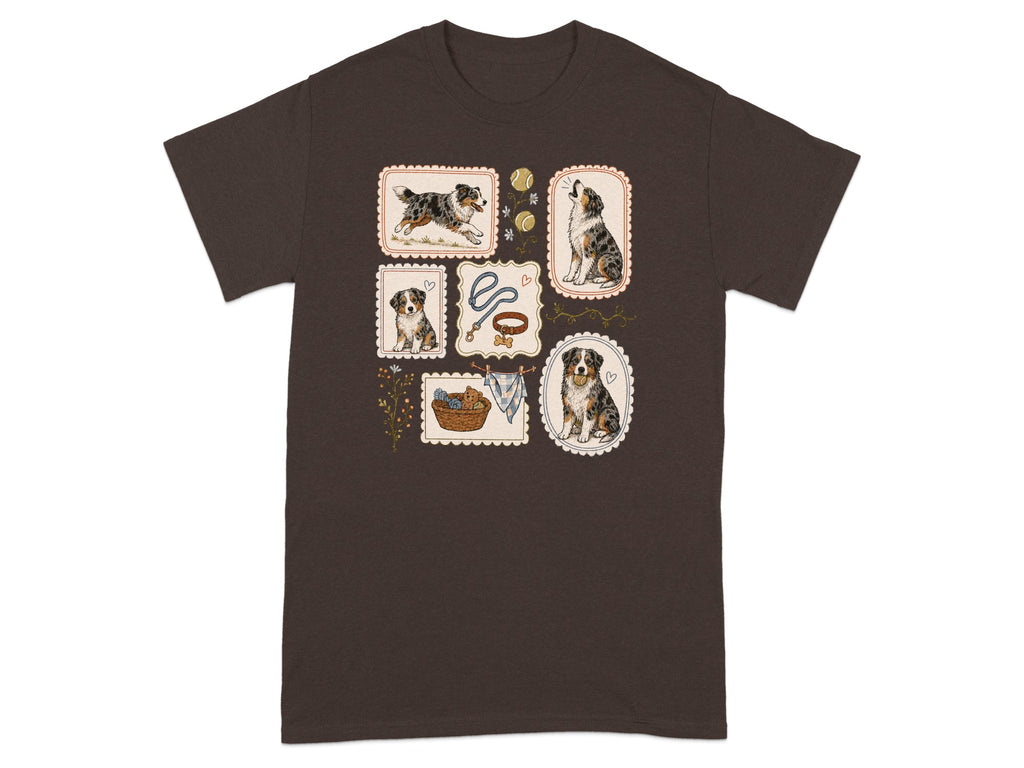T-shirt with postage stamp-style illustrations of Australian Shepherds and dog-related items.