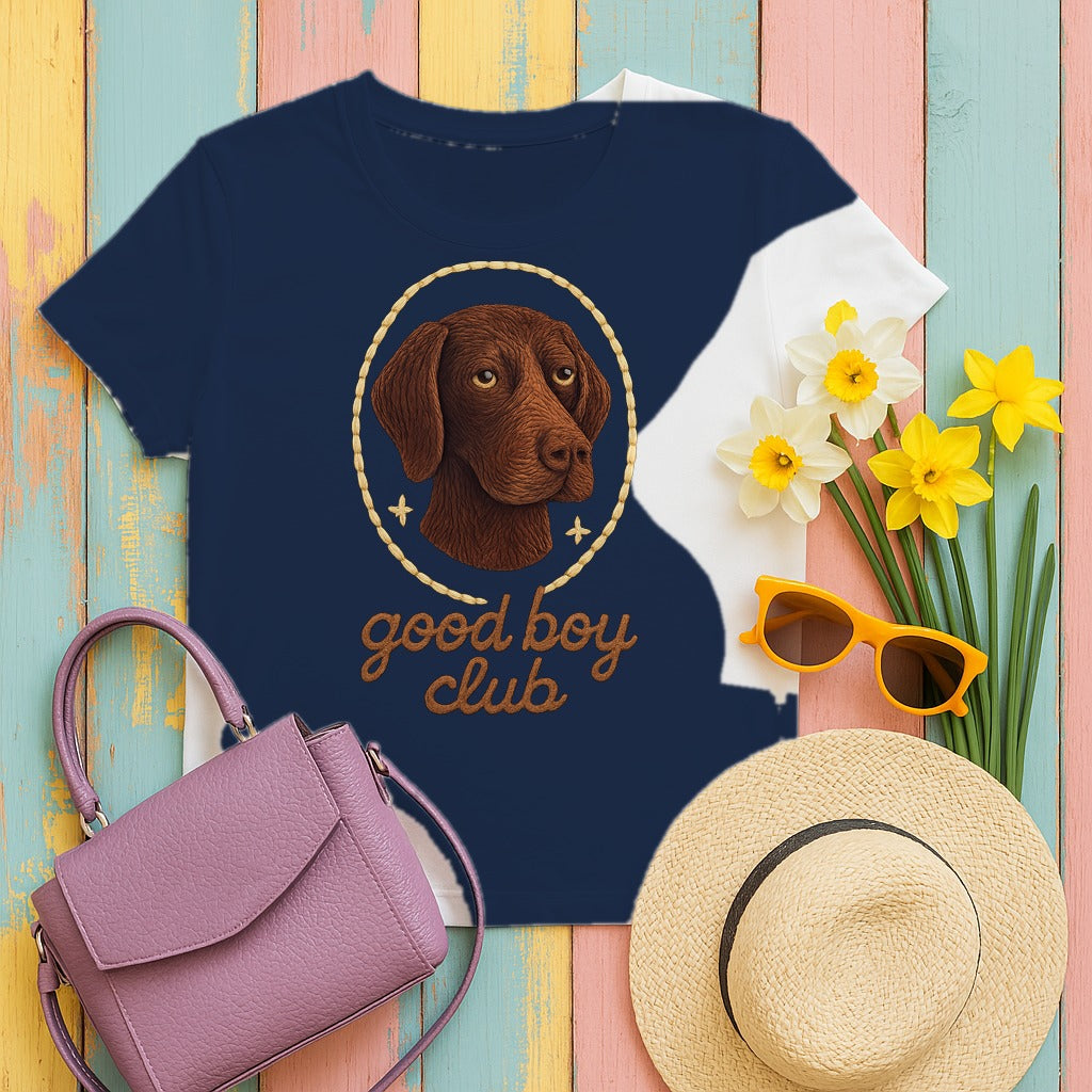 German Shorthaired Pointer Good Boy Club Tee styled flat lay on Navy