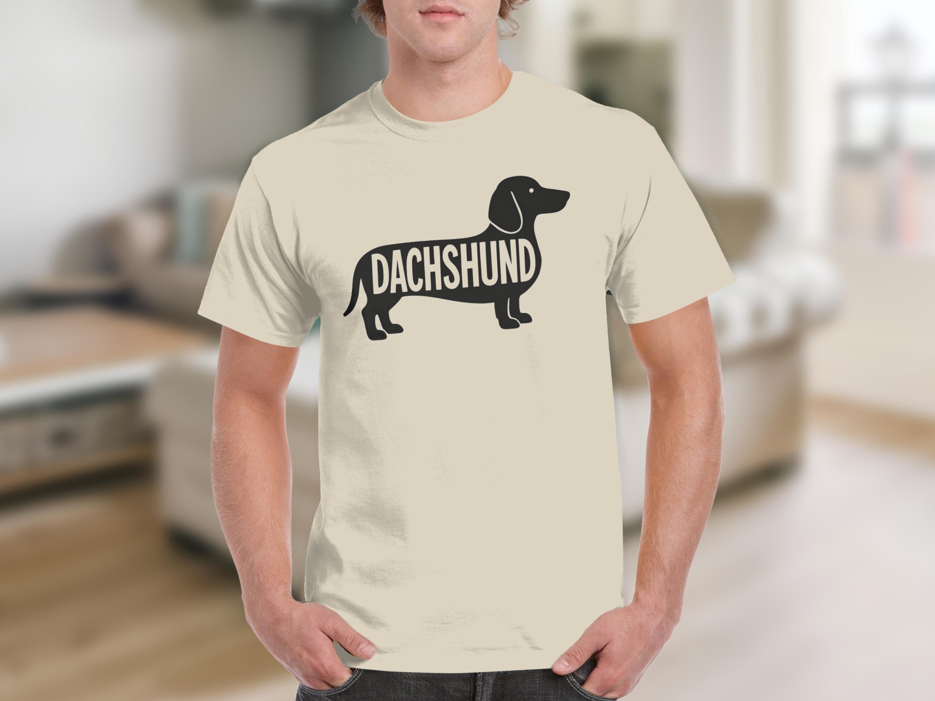 Cream t-shirt with black dachshund silhouette and "DACHSHUND" text.