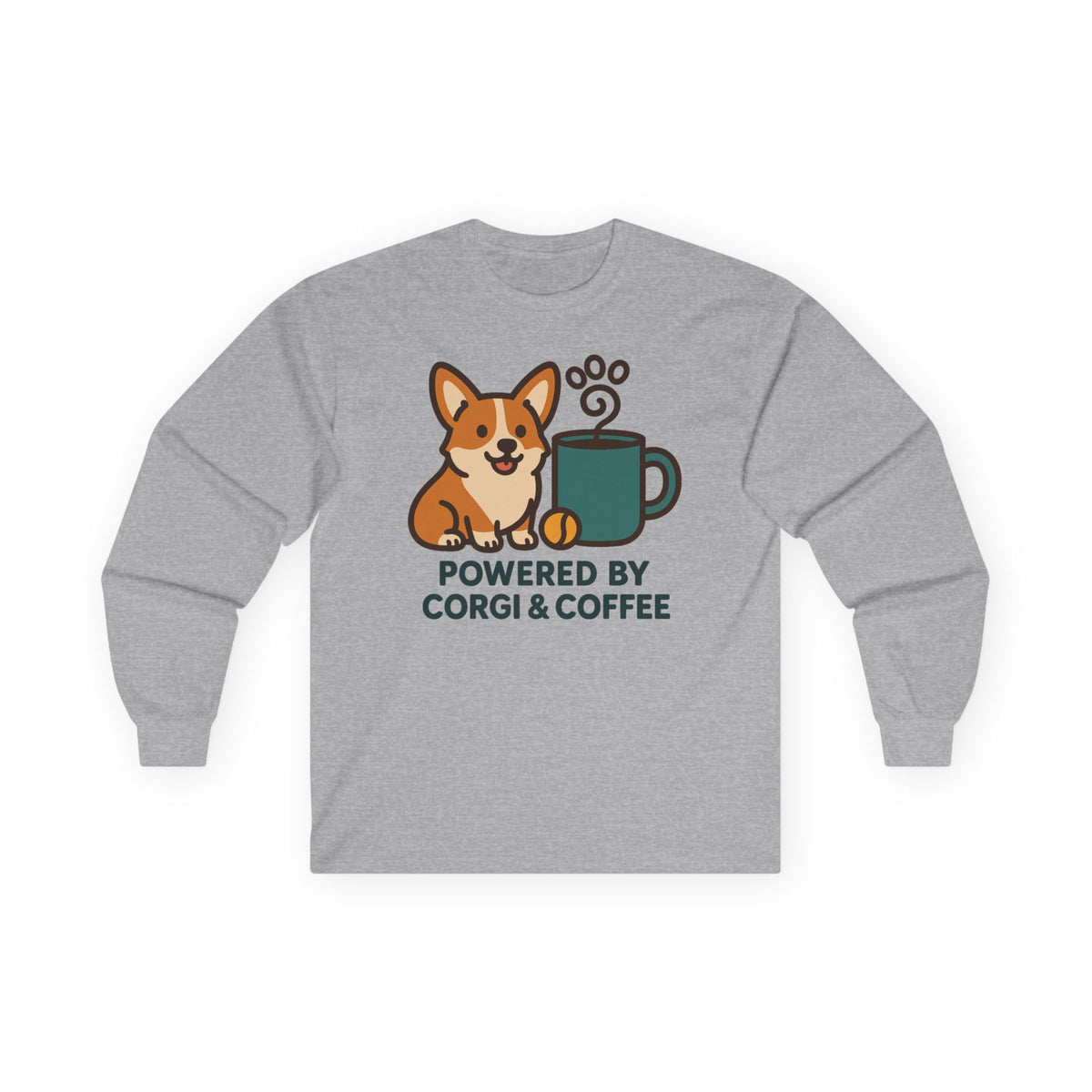 Corgi & Coffee Powered Long Sleeve Tee in Sport Grey