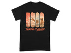 Black t-shirt with four panels of golden retrievers playing fetch. Text says "THROW IT AGAIN!".