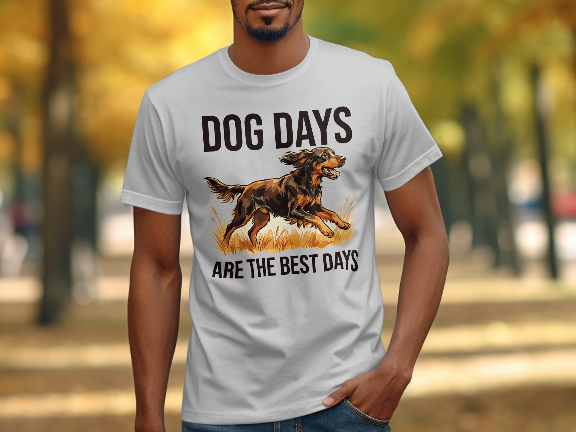 White t-shirt with "DOG DAYS ARE THE BEST DAYS" and a running dog graphic.