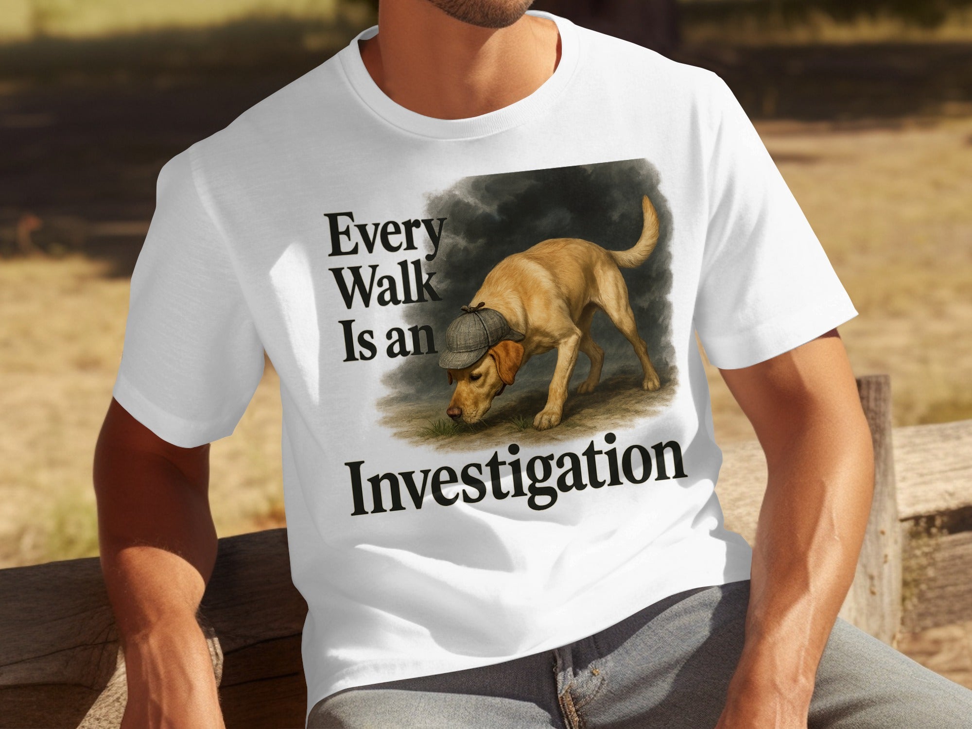 T-shirt with a yellow lab wearing a deerstalker hat and the text "Every Walk Is an Investigation."
