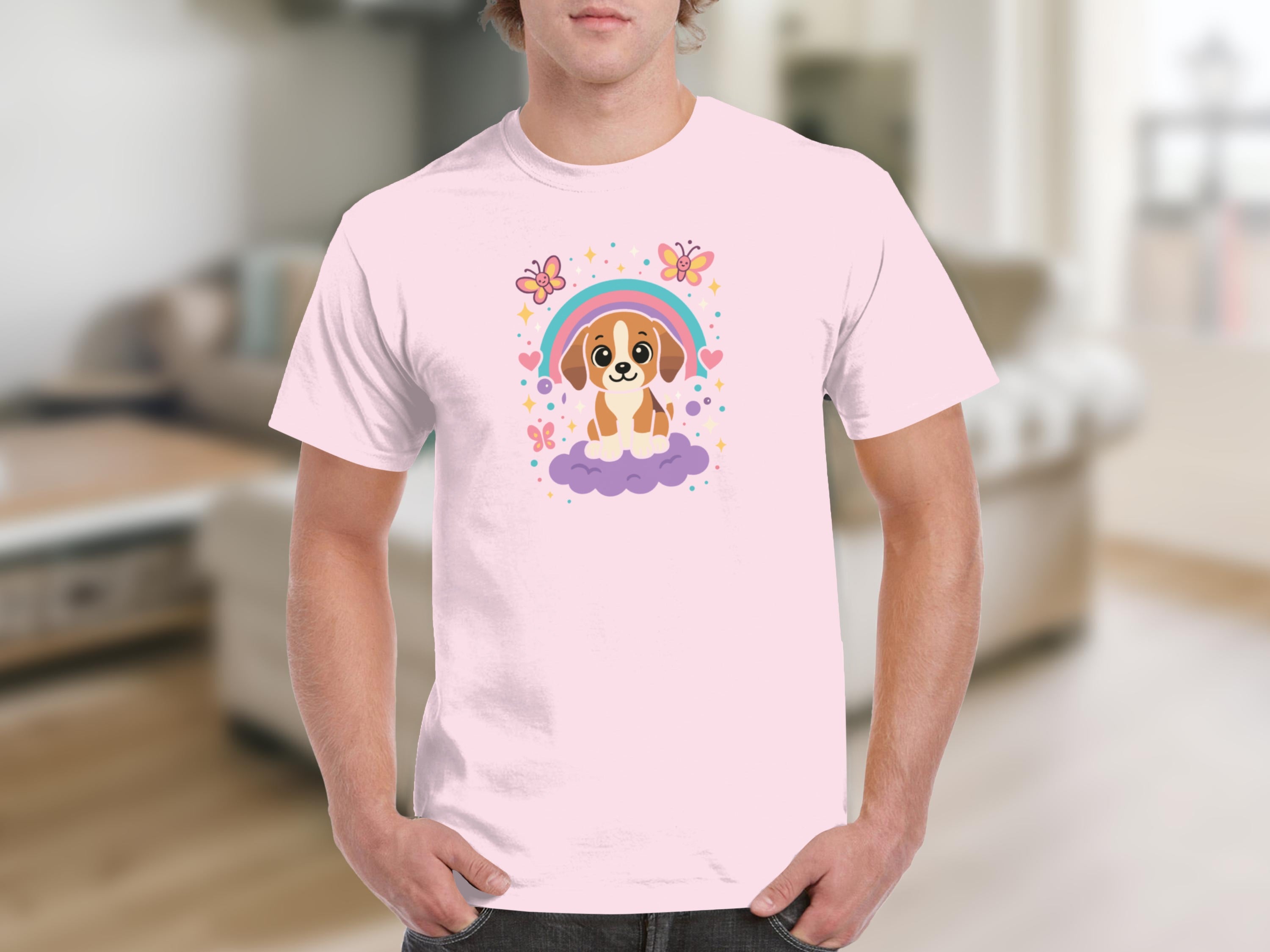 Adorable Puppy with Rainbow Graphic Casual Tee