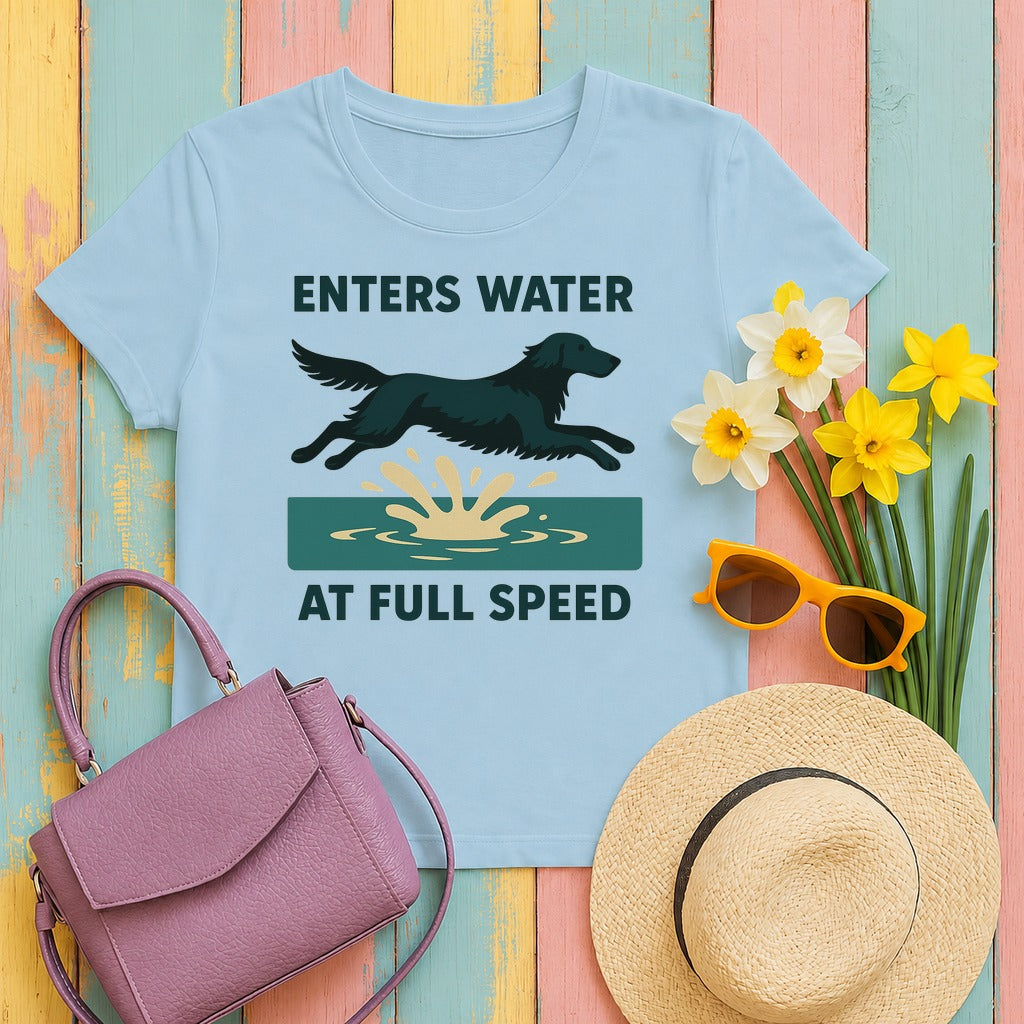 Flat-Coat Enters Water at Full Speed Tee in Light Blue