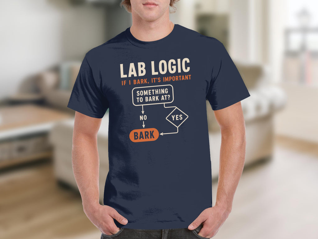 Navy t-shirt with "Lab Logic" flowchart about barking.