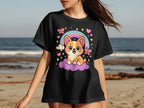 Cute Corgi Rainbow Hearts Cartoon Graphic T-shirt