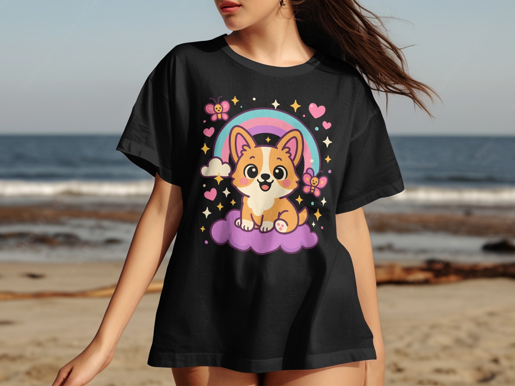 Cute Corgi Rainbow Hearts Cartoon Graphic T-shirt