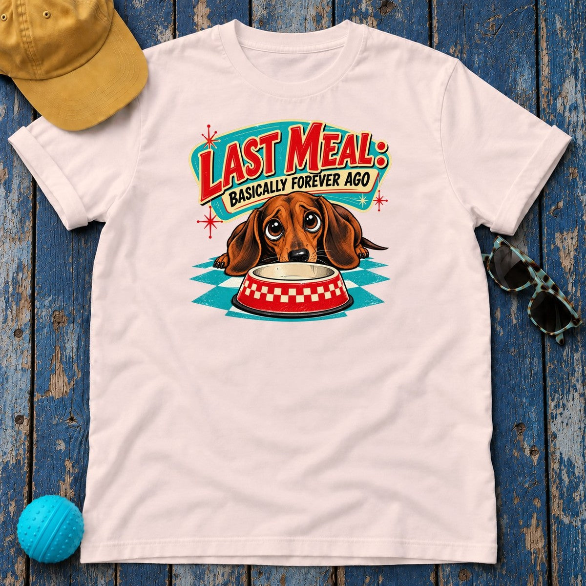 Last Meal Basically Forever Ago Dachshund T-Shirt in Soft Pink - flat lay