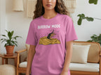 Pink t-shirt with "BURROW MODE" text and a cartoon badger in a blanket.