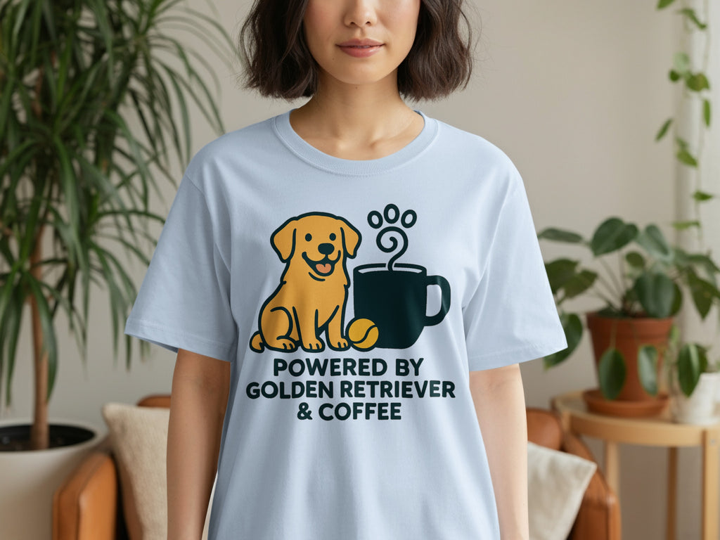 Light blue t-shirt with graphic of golden retriever, coffee cup, and text "POWERED BY GOLDEN RETRIEVER & COFFEE".