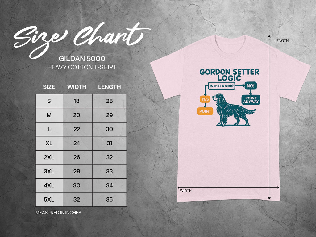 Gildan 5000 size chart with Gordon Setter logic design on a pink t-shirt.