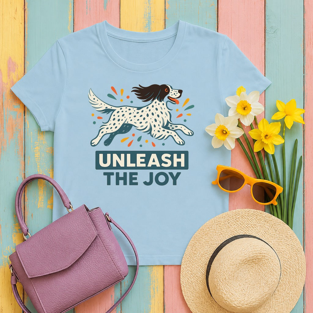 English Setter Unleash the Joy Tee in Light Blue