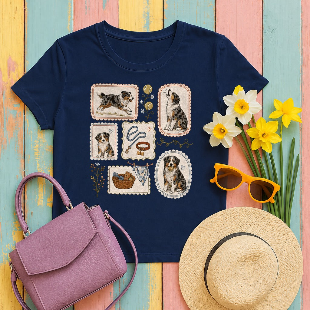 Aussie Life Vintage Stamps T-Shirt in Navy