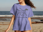 Periwinkle t-shirt with a Dalmatian graphic and text "Slow down, enjoy walks".