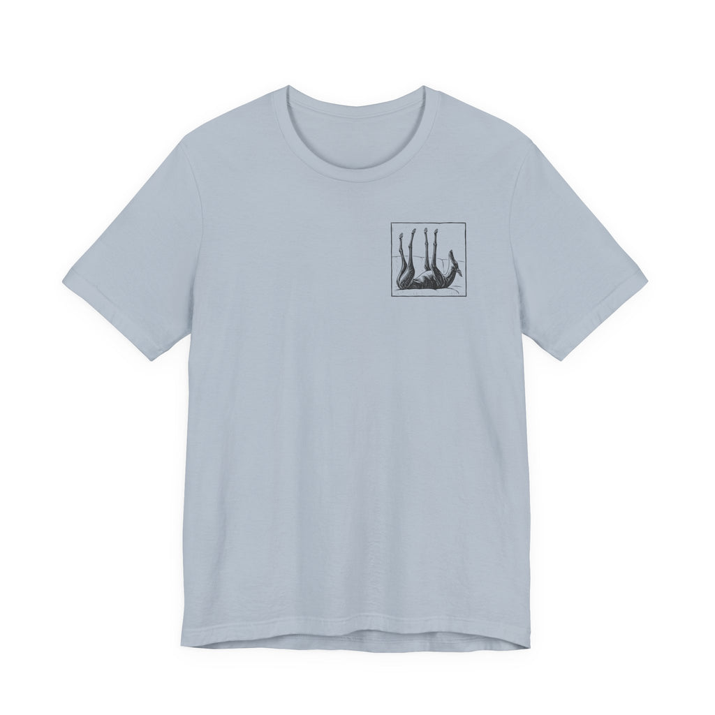 Upside Down Sleeping Greyhound Back Print Tee in Light Blue, front pocket