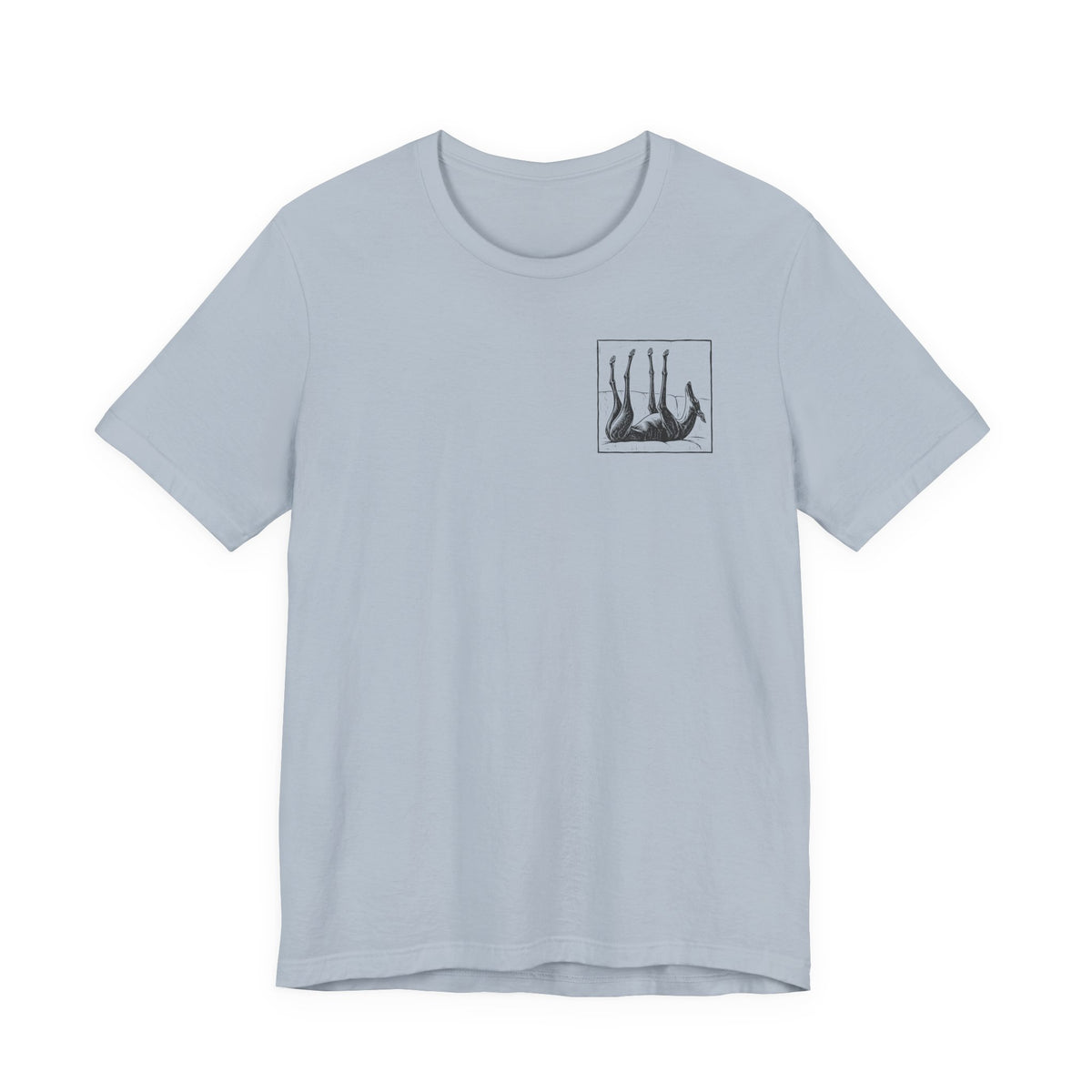 Upside Down Sleeping Greyhound Back Print Tee in Light Blue, front pocket