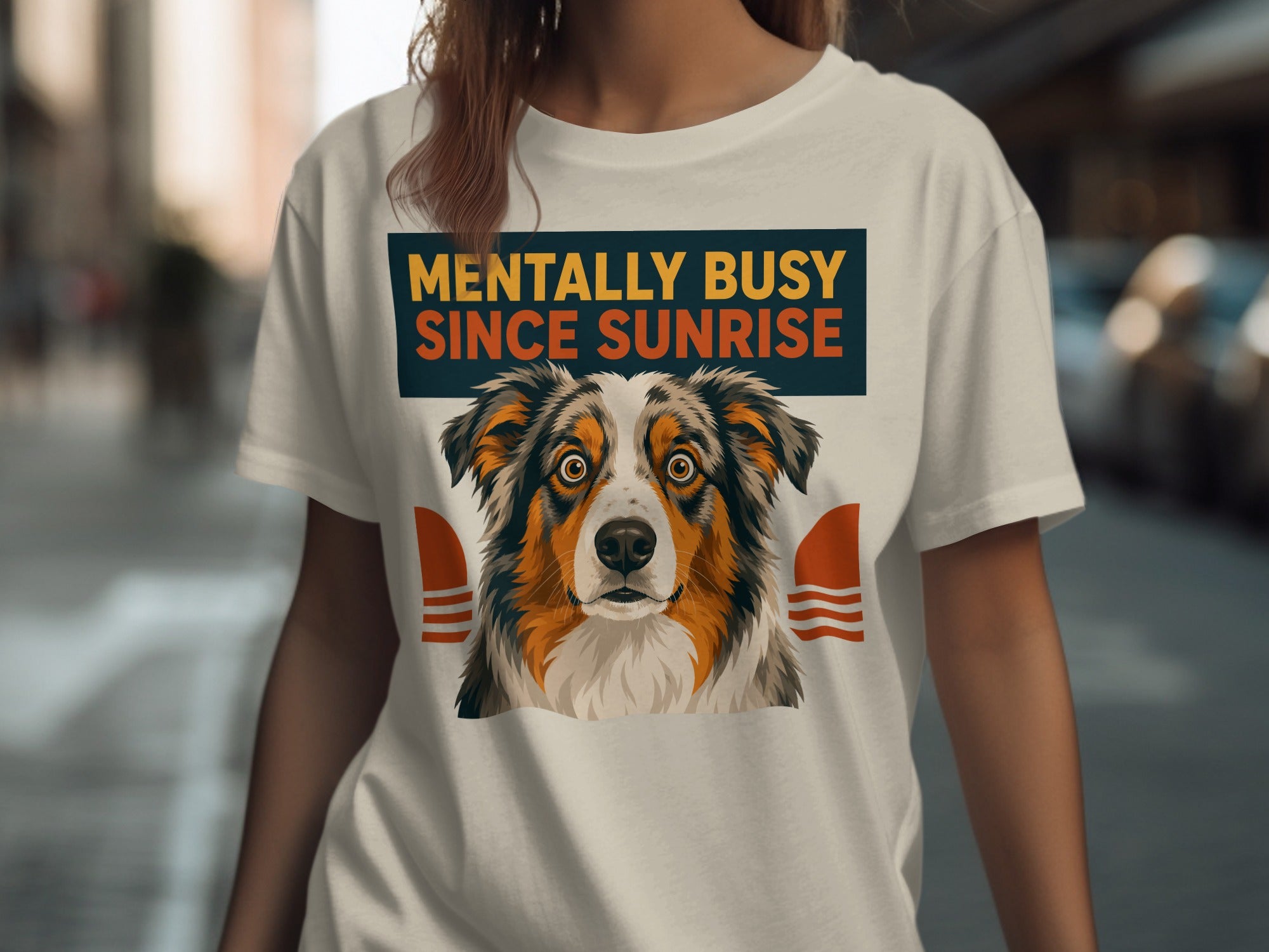 T-shirt with dog portrait and "Mentally Busy Since Sunrise" text.