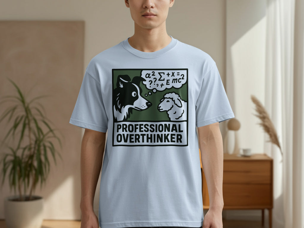 Dog and sheep in speech bubbles, one with physics equation, on light blue t-shirt.