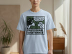 Dog and sheep in speech bubbles, one with physics equation, on light blue t-shirt.