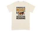 Cream t-shirt with "POWERED BY NOSE & SELECTIVE HEARING" and a beagle illustration.