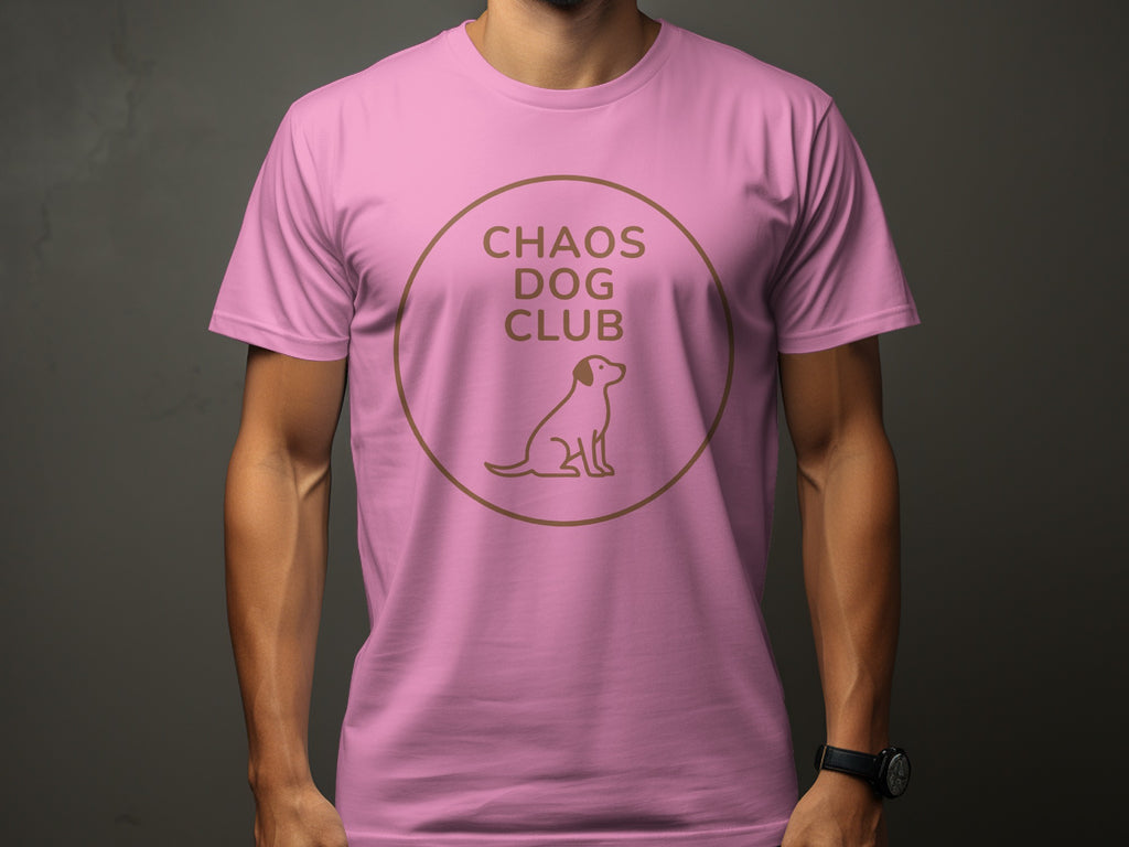 Pink t-shirt with "Chaos Dog Club" text and dog silhouette logo.