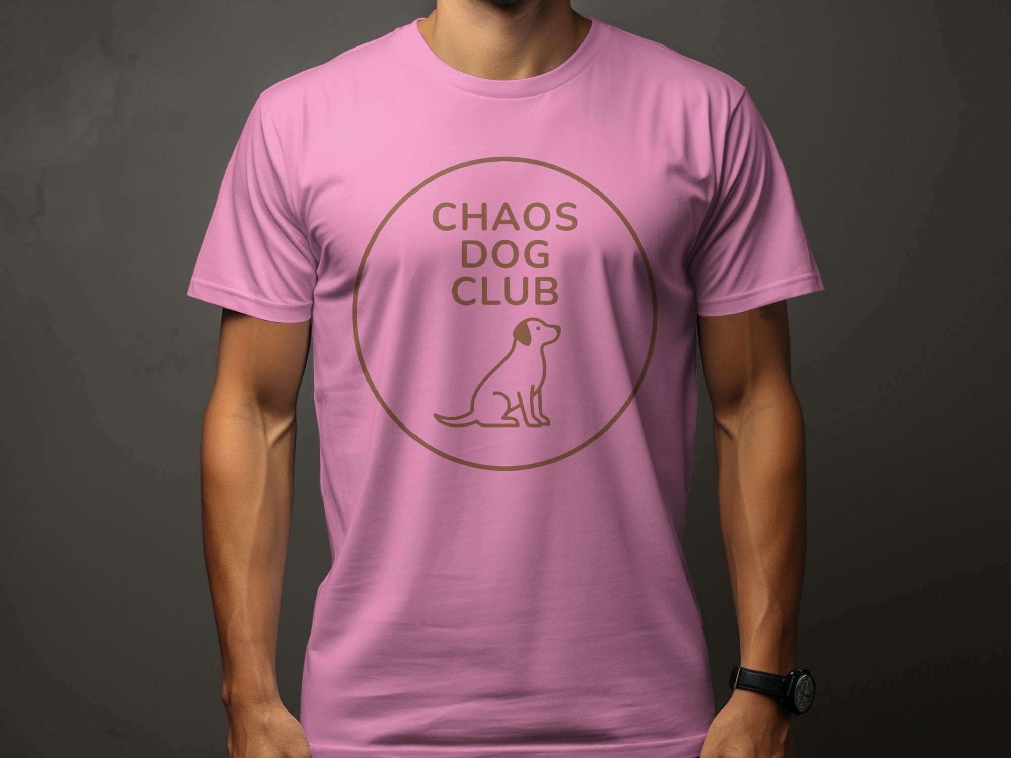 Pink t-shirt with "Chaos Dog Club" text and dog silhouette logo.