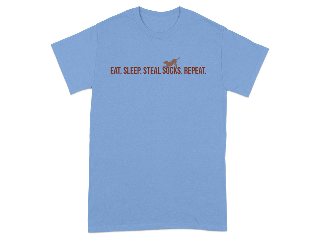 Light blue t-shirt with text "EAT. SLEEP. STEAL. SOCKS. REPEAT."